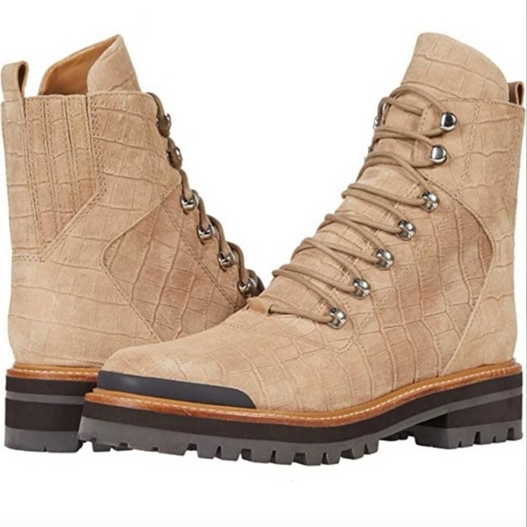 Marc Fisher Izzie Snake Embossed Combat Boots Suede Light Natural size 7 NEW - Picture 1 of 9